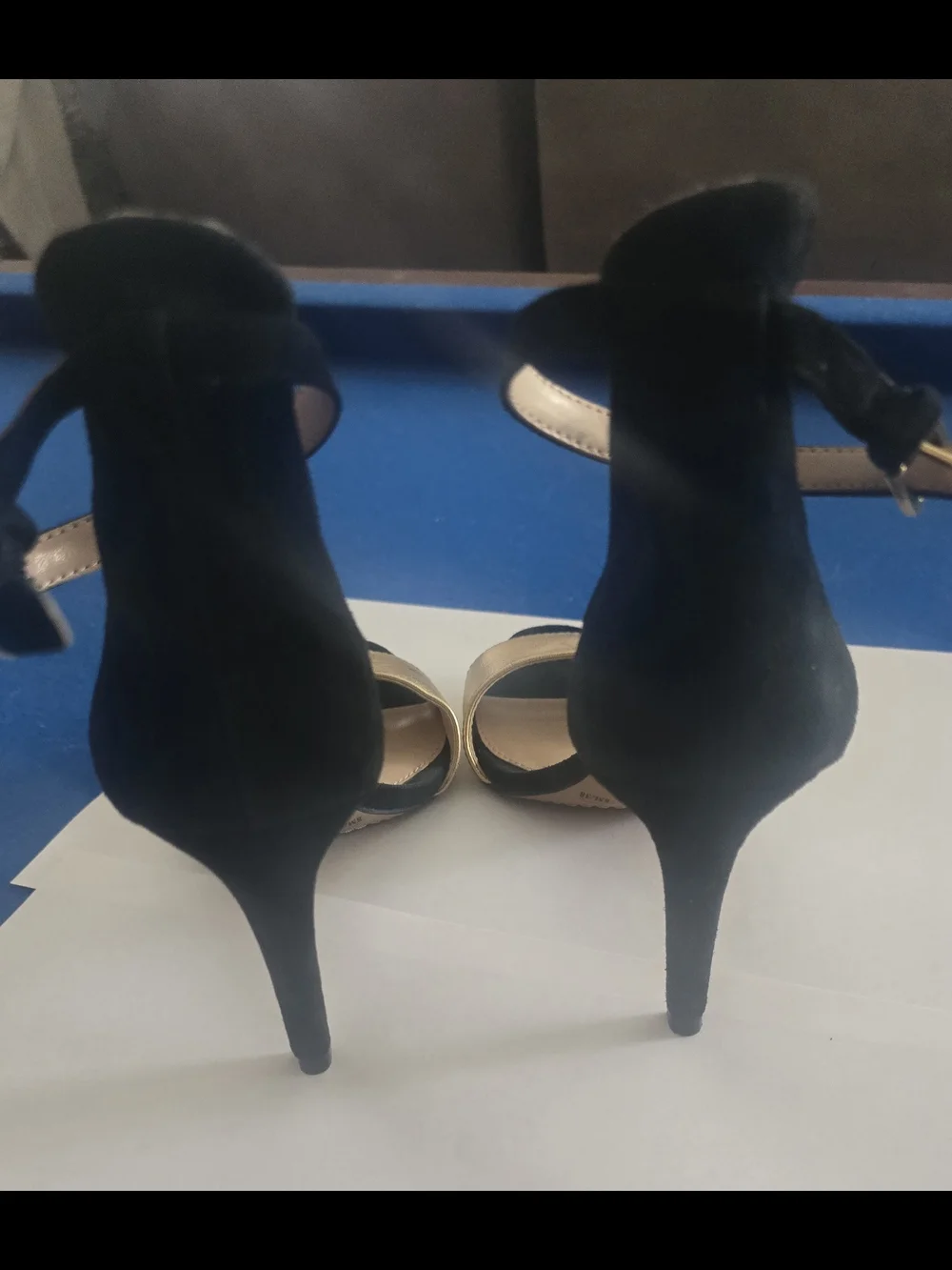 Vince Camuto Black and Gold Open-Toe Ankle-Strap Heels